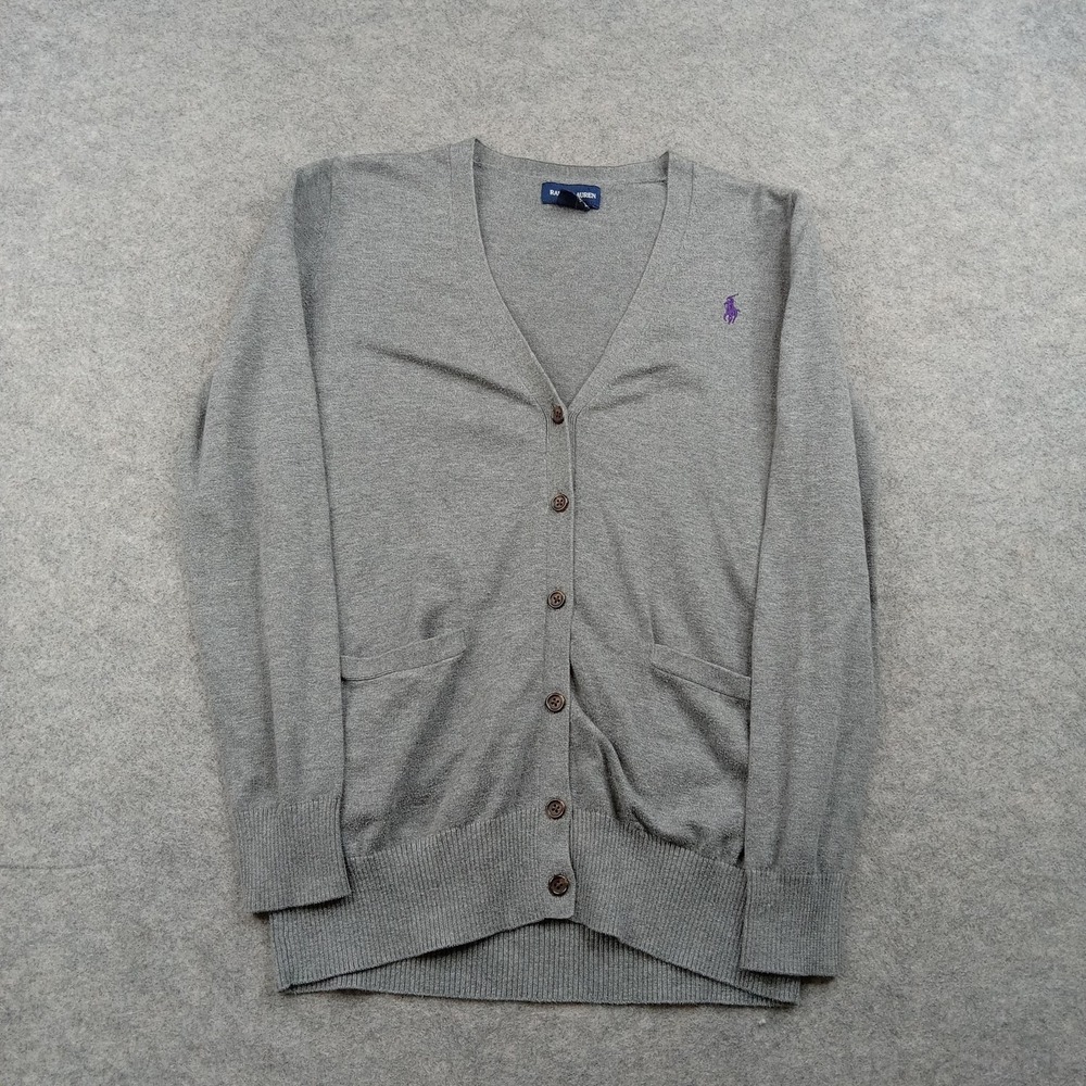 Ralph Lauren Cardigan Sweater Kids 16 Gray Supima Cotton Button Front Logo